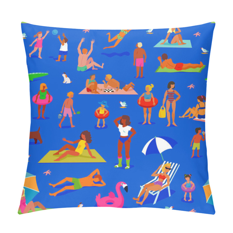 Personality  Seamless pattern. A lot of people on the night sandy beach. People relax and have fun. Night beach party. pillow covers