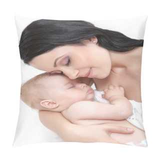 Personality  Picture Of Happy Mother With Baby Over White Pillow Covers