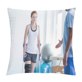 Personality  Woman Walking With Crutches During Physiotherapy Pillow Covers
