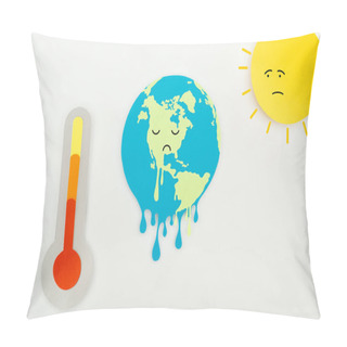 Personality  Paper Cut Sun And Melting Earth With Sad Faces Expression, And Thermometer With High Temperature Indication On Scale On Grey Background, Global Warming Concept  Pillow Covers