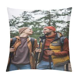 Personality  Happy Couple With Backpacks Holding Hiking Sticks And Looking At Each Other In Forest  Pillow Covers