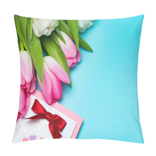 Personality  Close Up View Of Bouquet Of Tulips Near Greeting Card On Blue Surface Pillow Covers