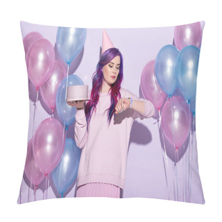 Personality  Beautiful Young Woman With Birthday Cake And Balloons Looking At Wristwatch Pillow Covers