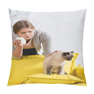 Personality  Siamese Cat Sitting On Couch Near Woman With Allergy Reaction And Napkin   Pillow Covers