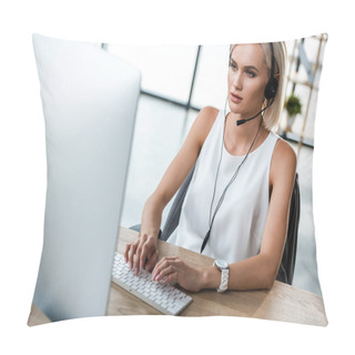 Personality  Selective Focus Of Attractive Woman In Headset Typing On Computer Keyboard  Pillow Covers