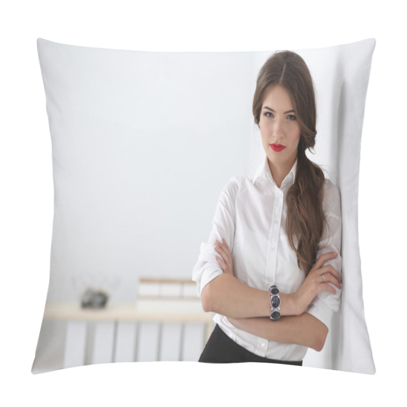 Personality  Attractive Businesswoman With Her Arms Crossed  Standing In Office Pillow Covers