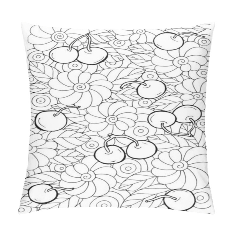 Personality  Page Coloring Cherries, Leaves And Fantasy Flowers, Ink Contour Drawing  Pillow Covers