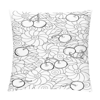 Personality  Page Coloring Cherries, Leaves And Fantasy Flowers, Ink Contour Drawing  Pillow Covers