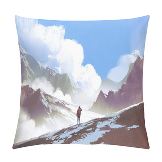 Personality  Hiker With Backpack Looking At Mountains Pillow Covers