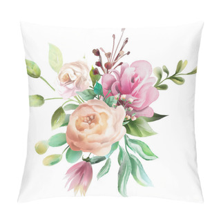 Personality  Beautiful Watercolor Floral Whimsical Flowers With Pink Roses And Creamy Peonies Wedding Arrangement Isolated On White Pillow Covers
