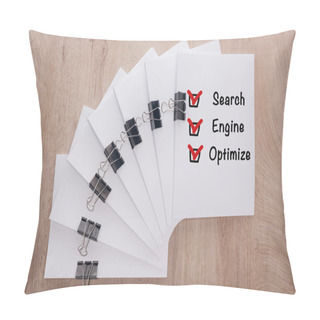 Personality  Top View Of White Paper Sheets Arranged With Binder Clips And Search, Engine, Optimize Inscription On Wooden Surface, Business Concept Pillow Covers