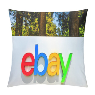 Personality  San Jose, California, USA - August 12, 2018: Closeup Of EBay Logo At EBay's Headquarters In San Jose, Silicon Valley, California. EBay Inc. Is A Multinational Company, Leader In E-commerce Pillow Covers