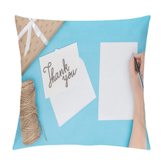 Personality  White Postcard With Thank You Lettering And Blank Sheet Isolated On Blue Background Pillow Covers