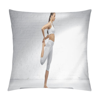 Personality  Pretty Woman Stretching Leg While Standing On Yoga Mat At Home  Pillow Covers