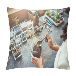 Personality  Florist Adding The Potting Mix To A Polyhedron Terrarium Container Pillow Covers