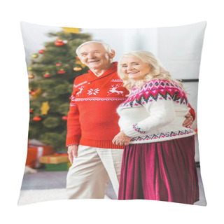 Personality  Happy Senior Couple In Christmas Sweaters Looking At Camera Pillow Covers