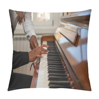 Personality  Close-up Of The Hands Of A Girl Playing A Piano Together With A Friend. Pillow Covers