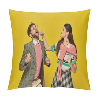 Personality  Fight, Brunette Young Woman Punching Man On Yellow Backdrop, Tension, Conflict, Confrontation Pillow Covers