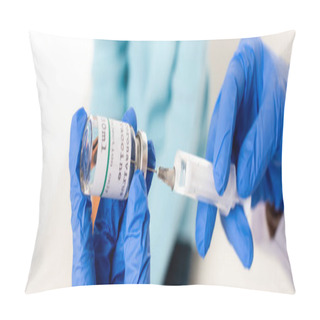 Personality  Panoramic Crop Of Doctor In Latex Gloves Holding Syringe And Vaccine With Coronavirus Lettering Isolated On White Pillow Covers