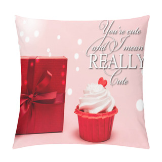 Personality  Valentines Cupcake With Red Heart Near Gift And You Re Cute And I Mean Really Cute Lettering On Pink Background Pillow Covers