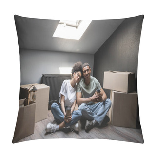 Personality  Smiling African American Couple Holding Coffee To Go While Sitting Near Boxes On Attic In New House Pillow Covers