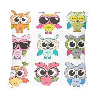 Personality  Set Of Cool Colorfull Owls Isolated On White Background Pillow Covers