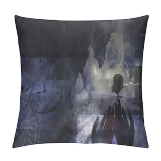 Personality  Surreal Composition. Flow Of Time And Praying Hands. Countryside. Modern Style. 3D Rendering Pillow Covers