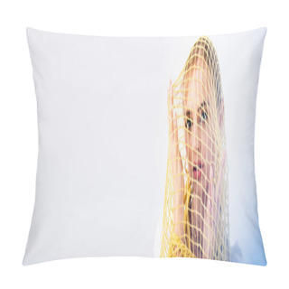 Personality  Woman Posing In Yellow String Bag On White Background, Panoramic Shot Pillow Covers