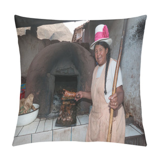 Personality  Cuzco, Peru - August 13 2011: A Peruvian Cook And The Oven. Showing A Roasted Cuis. Pillow Covers