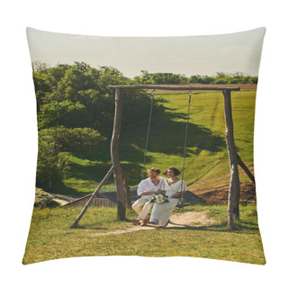 Personality  Carefree And Stylish Multiethnic Newlyweds On Rustic Swing In Countryside With Picturesque Landscape Pillow Covers
