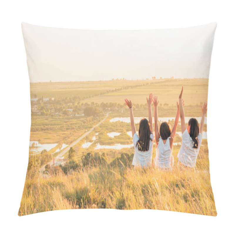 Personality  Group of three girls enjoying the sunset on a hill at countryside pillow covers