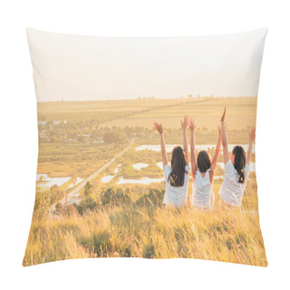 Personality  Group Of Three Girls Enjoying The Sunset On A Hill At Countryside Pillow Covers