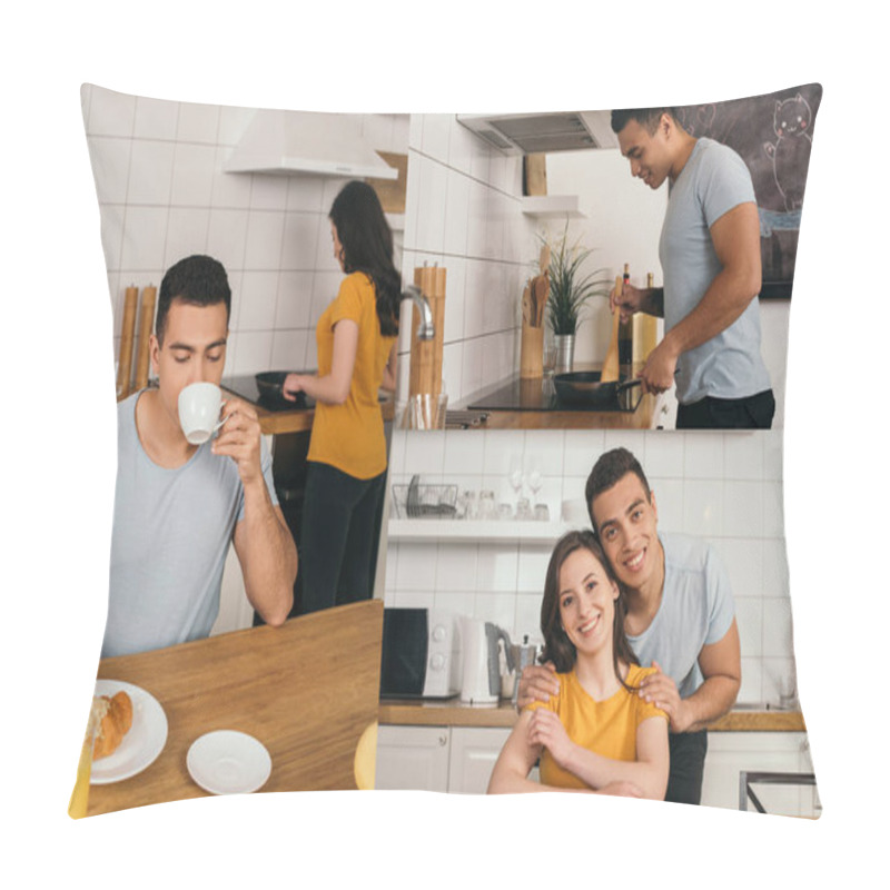 Personality  collage of mixed race man drinking coffee, cooking while touching frying pan and hugging happy woman at home pillow covers