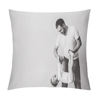 Personality  Black And White Photo Of Father Playing Together With Little Son At Home Pillow Covers