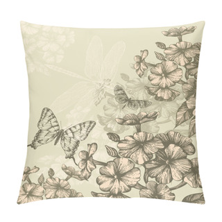 Personality  Floral Background With Blooming Phlox And Flying Butterflies, Hand-drawing. Pillow Covers