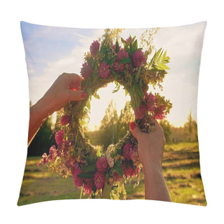 Personality  Midsummer Oak And Flower Wreath In Yellow Sunset Light. Old Latvian Culture Tradition LIGO. Midsummer Night Celebrating In Latvia. Pillow Covers
