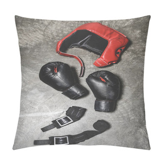 Personality  Top View Of Boxing Gloves And Helmet With Wrist Wraps Lying On Concrete Surface Pillow Covers
