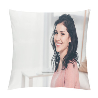 Personality  Beautiful Smiling Woman In Casual Clothes Looking At Camera And Smiling At Home With Copy Space Pillow Covers