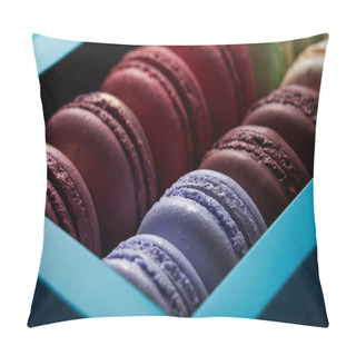 Personality  Close Up View Of Assorted Delicious Colorful French Macaroons In Box Pillow Covers