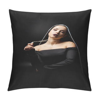 Personality  Sexy Young Nun In Black Dress Holding Cross, Isolated On Black   Pillow Covers