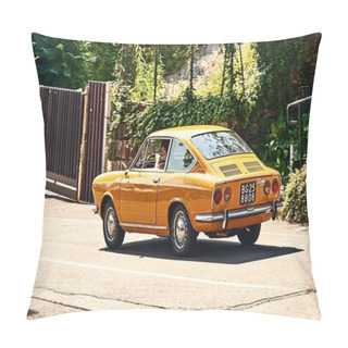 Personality  Young Man Driving Yellow Vintage Fiat 850 Sport Coupe Released Circa 1970 In Italy. Pillow Covers