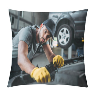 Personality  Professional Mechanic In Uniform Repairing Car In Workshop Pillow Covers