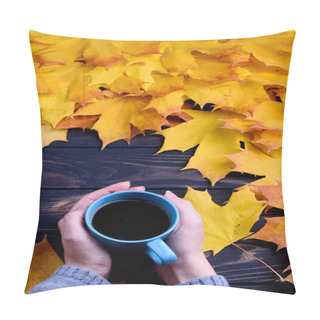 Personality  Autumn Leaves With Color Pencils And Tea On A Black Table. Pillow Covers