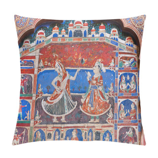 Personality  Fresco With City Life Of 19th Century Indian City On The Carved Wall Pillow Covers