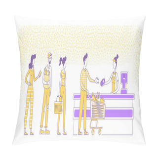 Personality  Mobile Payments At Supermarket Checkout Flat Silhouette Vector Illustration. People Standing In Queue, Seller And Buyers Outline Characters On White Background. NFC, Cashless Pay Simple Style Drawing Pillow Covers