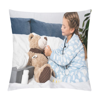 Personality  Child Curing Teddy Bear With Nasal Spray While Playing In Bed Pillow Covers