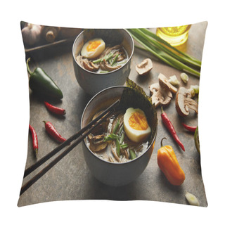 Personality  Traditional Spicy Ramen In Bowls With Chopsticks And Vegetables On Stone Surface Pillow Covers