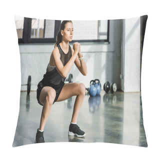 Personality  Focused Sportswoman Doing Squats At Fitness Studio Pillow Covers