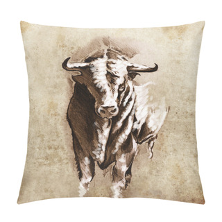 Personality  Sketch Of Tattoo Art, Spanish Bull, Dangerous Bull With Beaked H Pillow Covers