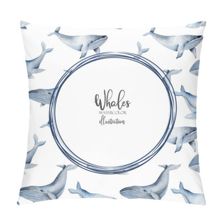 Personality  Card Template With Watercolor Blue Whales Background, Hand Painted On A White Background Pillow Covers